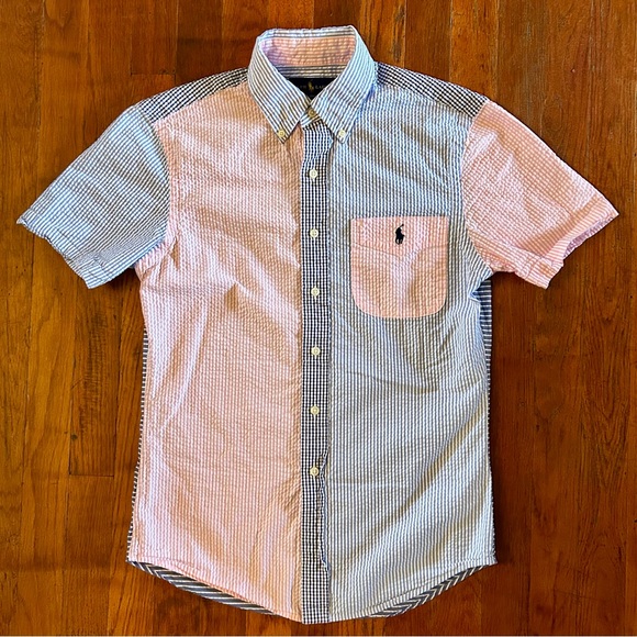 Polo Ralph Lauren Slim Fit Seersucker Pink Blue Short Sleeve Button Shirt S - Picture 1 of 6